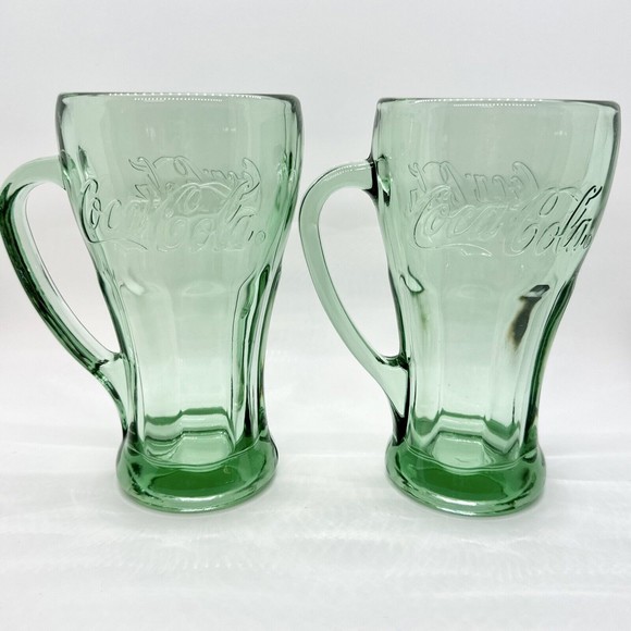 Set Of 2 Vintage Green Coca-Cola Glasses With Handle Mugs 14 oz Heavy - Picture 1 of 10